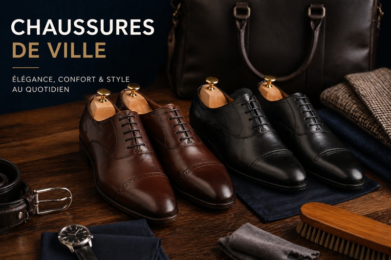 Chaussures de ville homme élégantes en cuir noir et marron avec accessoires d’entretien