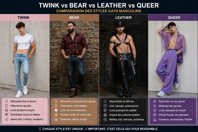 Comparaison entre style twink, bear, leather et queer dans la mode gay masculine.