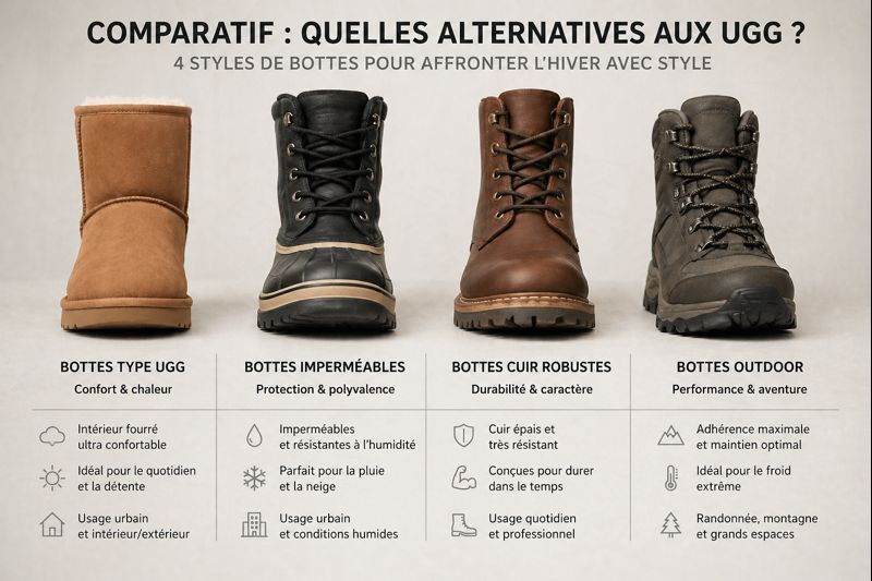 Comparatif visuel de quatre types de bottes hiver homme : style UGG, bottes imperméables, bottes cuir robustes et bottes outdoor sur fond neutre