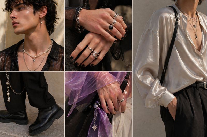 Détails d’un look queer homme avec bijoux visibles, vernis, matières fluides et accessoires
