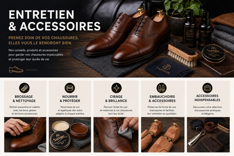 Produits et accessoires pour l’entretien des chaussures homme : cirage, brosse, embauchoirs et soins du cuir