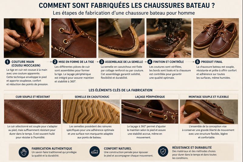fabrication chaussures bateau homme cuir cousu mocassin semelle caoutchouc assemblage