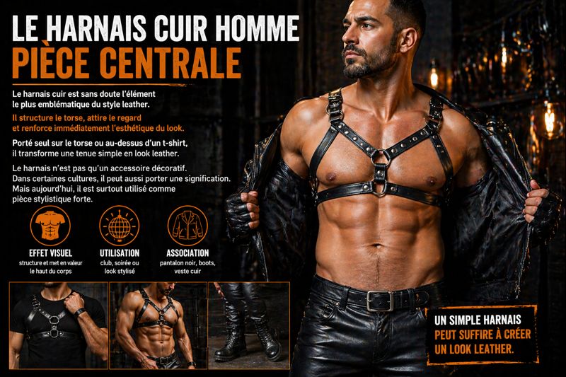 Homme portant un harnais cuir noir sur le torse ou sur un t-shirt, illustrant la pièce centrale du style leather gay