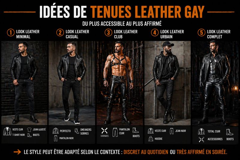 Exemples de tenues leather gay avec différents looks cuir homme : minimal, casual, club, urbain et complet avec harnais, veste cuir et boots