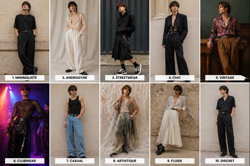 Exemples de tenues queer homme : minimaliste, androgyne, streetwear, chic et clubwear