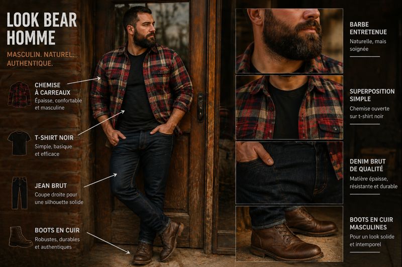 Homme au style bear avec chemise à carreaux, t-shirt noir, jean brut et boots en cuir, barbe masculine naturelle