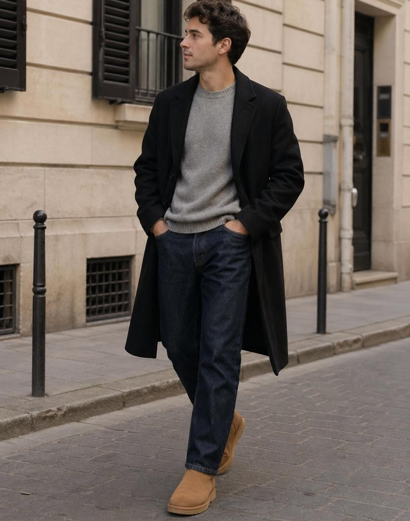 Homme en tenue hivernale urbaine avec UGG camel, jean brut droit, pull gris et manteau long noir dans une rue européenne