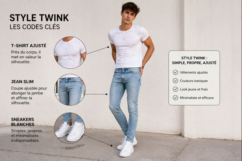 Look twink homme avec t-shirt ajusté, jean slim et sneakers blanches, montrant les codes principaux du style twink.