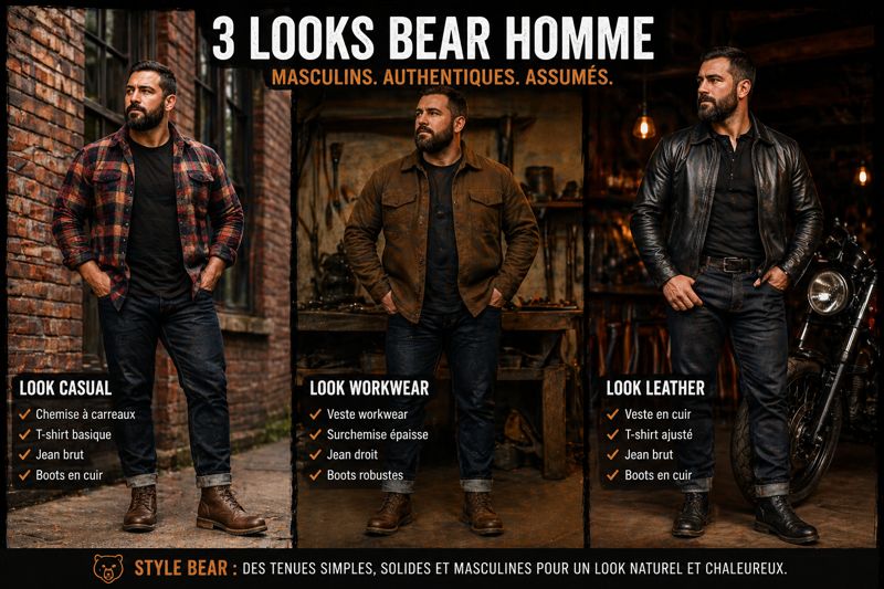 Collage de looks bear homme avec trois styles : casual avec t-shirt et jean, workwear avec chemise épaisse et denim, et leather avec veste en cuir et boots