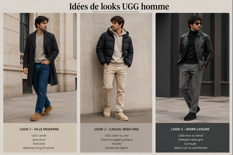 Trois looks homme avec bottes UGG : tenue ville moderne avec manteau long, look casual week-end avec hoodie et doudoune, et style work-leisure avec col roulé et veste cuir