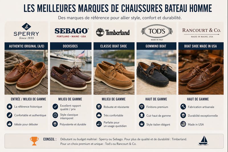 marques chaussures bateau homme Sperry Sebago Timberland Tods comparatif modèles et styles