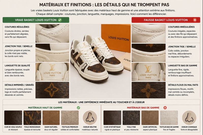 comparatif vraie et fausse basket Louis Vuitton matériaux finitions coutures logo qualité cuir monogram