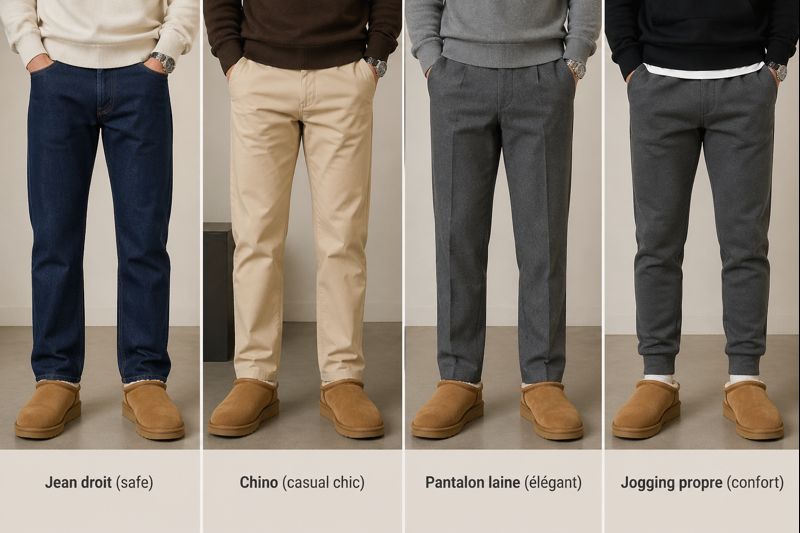 Comparatif de 4 pantalons avec des UGG : jean droit, chino beige, pantalon en laine gris et jogging ajusté
