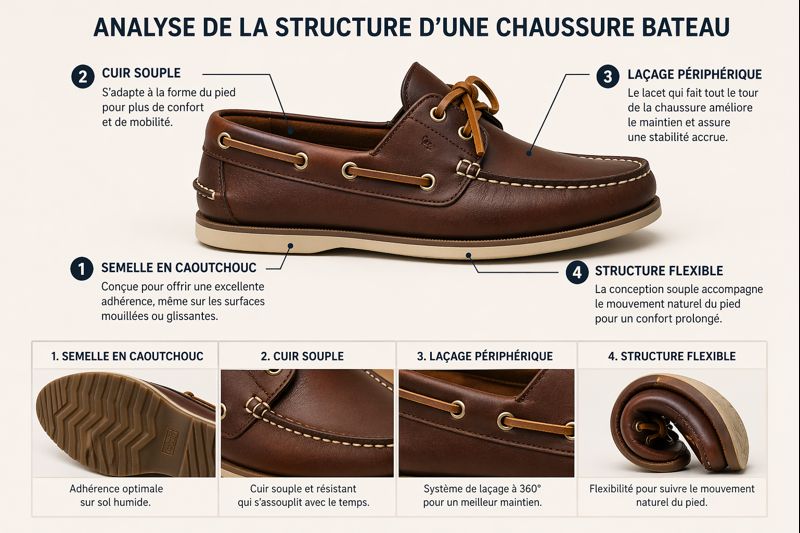 structure chaussures bateau homme semelle caoutchouc cuir souple laçage périphérique schéma