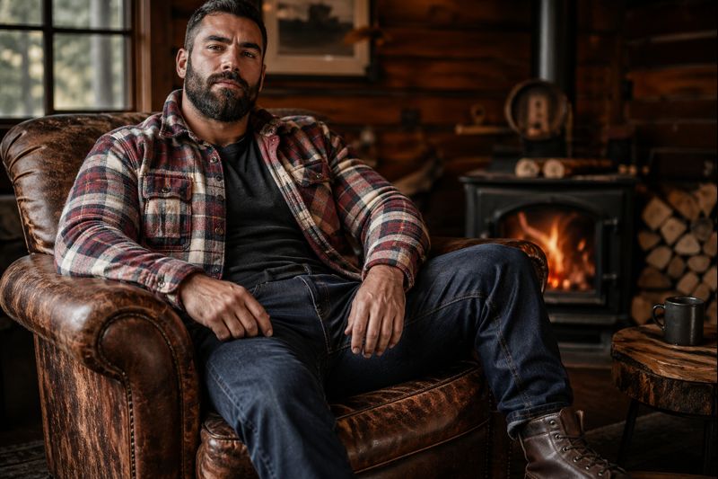 Homme barbu au style bear portant une chemise épaisse, un jean brut et des boots pour un look masculin et chaleureux