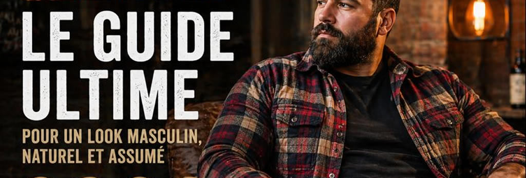 Homme barbu au style bear avec chemise épaisse, jean brut et boots en cuir dans un look masculin et naturel