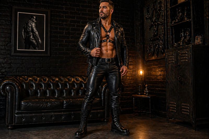 Homme portant un look leather gay avec veste en cuir, harnais noir, pantalon ajusté et bottes, illustrant un style cuir masculin et codifié