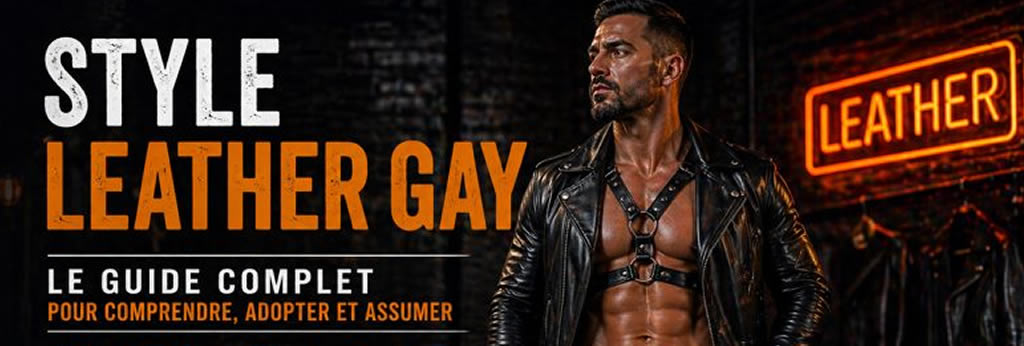 Homme portant un look leather gay complet avec veste en cuir, harnais, pantalon cuir et bottes dans un décor industriel