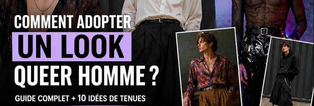 Homme portant un style queer avec vêtements fluides, accessoires et silhouette non genrée