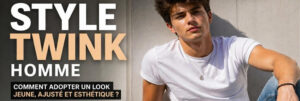 Homme au style twink portant une tenue ajustée avec t-shirt, jean slim et sneakers, illustrant un look jeune, propre et minimaliste.