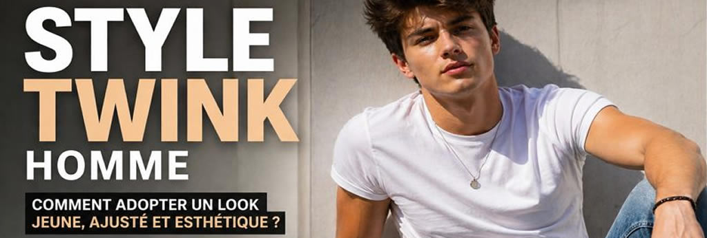 Homme au style twink portant une tenue ajustée avec t-shirt, jean slim et sneakers, illustrant un look jeune, propre et minimaliste.