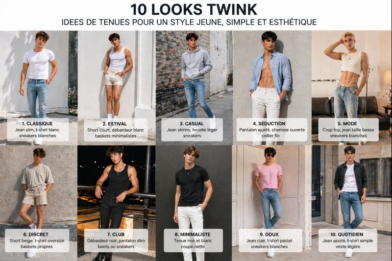 Sélection de tenues twink homme avec jean slim, débardeur, short court, crop top et sneakers minimalistes.