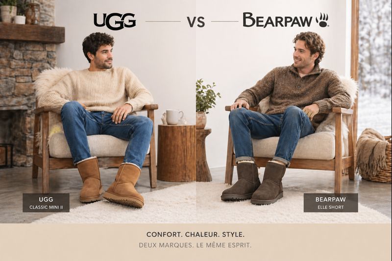 Comparaison UGG vs Bearpaw portée par deux hommes en tenue hivernale casual avec bottes fourrées style cozy