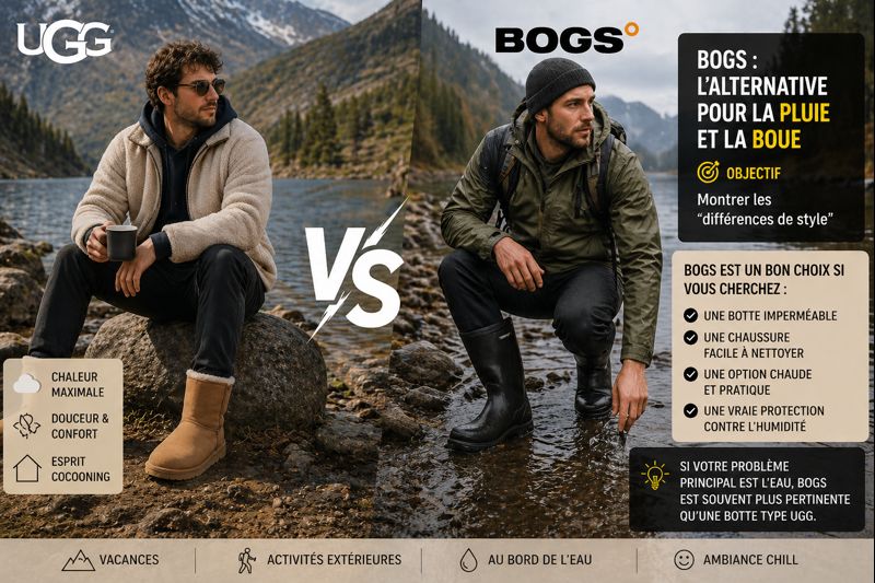 Deux hommes en montagne au bord de l’eau portant des bottes UGG et Bogs, illustrant la différence entre style cocooning et bottes imperméables pratiques.