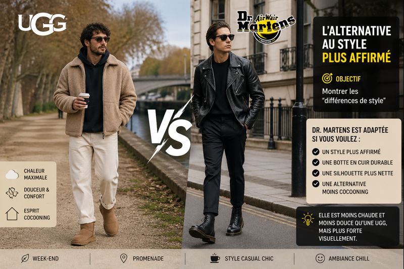 Deux hommes en promenade week-end portant des bottes UGG et Dr. Martens, illustrant la différence entre style cocooning et look affirmé.