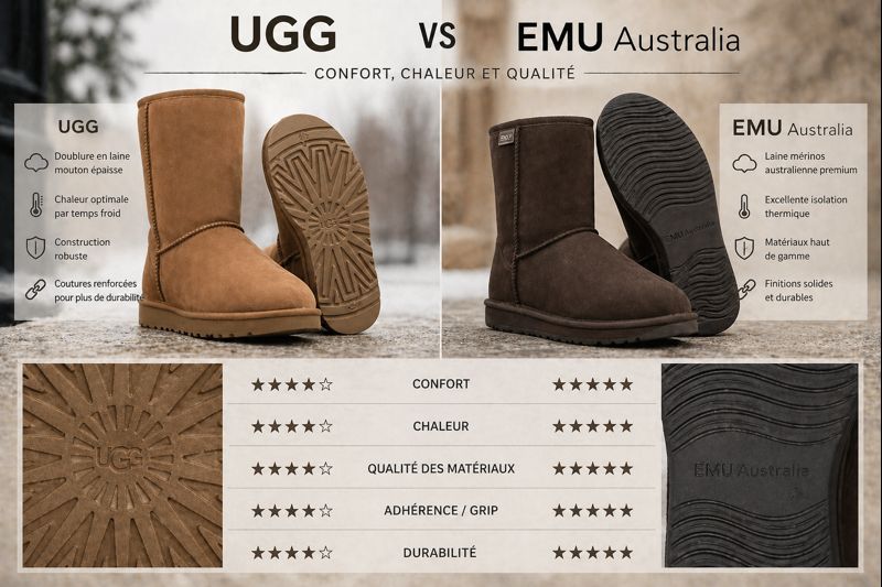 Comparatif UGG vs EMU Australia montrant des bottes hiver homme avec semelles visibles mettant en avant le grip, la solidité et la qualité des matériaux
