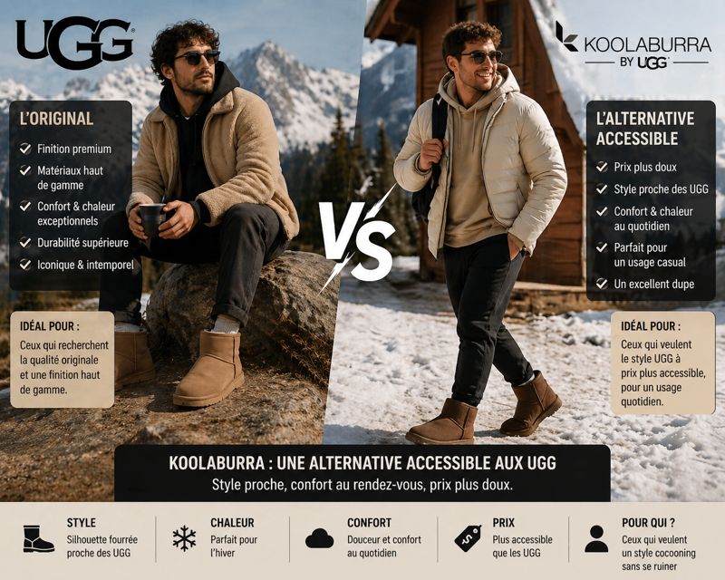 Deux hommes en montagne portant des bottes UGG et Koolaburra, illustrant la différence entre version premium et alternative plus accessible au style similaire.