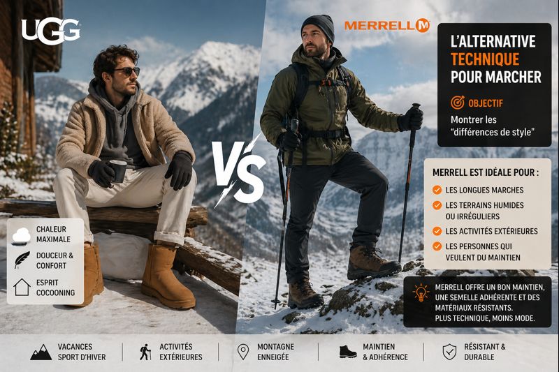 Deux hommes en montagne enneigée portant des bottes UGG et Merrell, illustrant la différence entre confort cocooning et performance technique en extérieur.