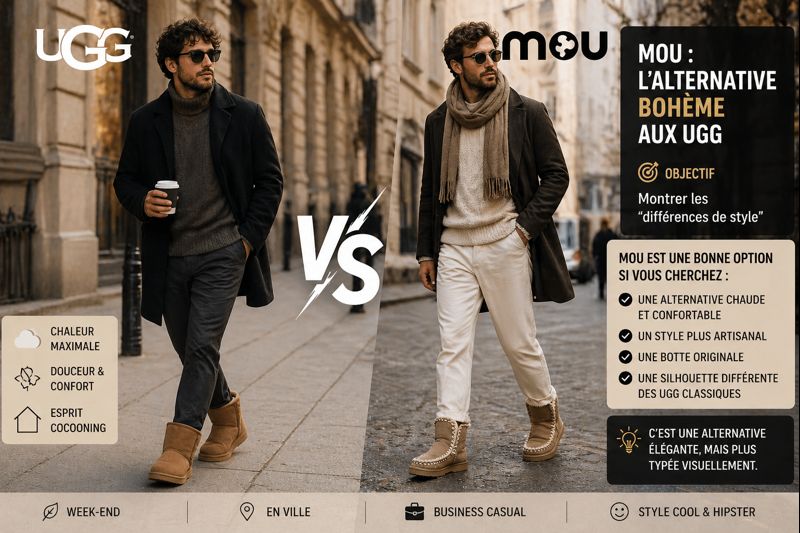 Deux hommes en ville portant des bottes UGG et Mou, illustrant la différence entre style classique cocooning et look bohème artisanal.