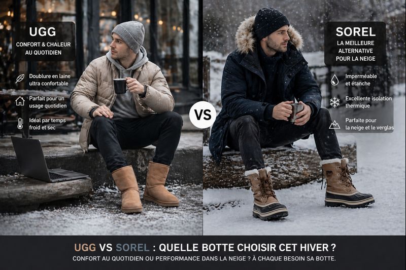 Comparaison entre bottes UGG et Sorel portées par deux hommes en tenue hivernale extérieure dans un environnement froid