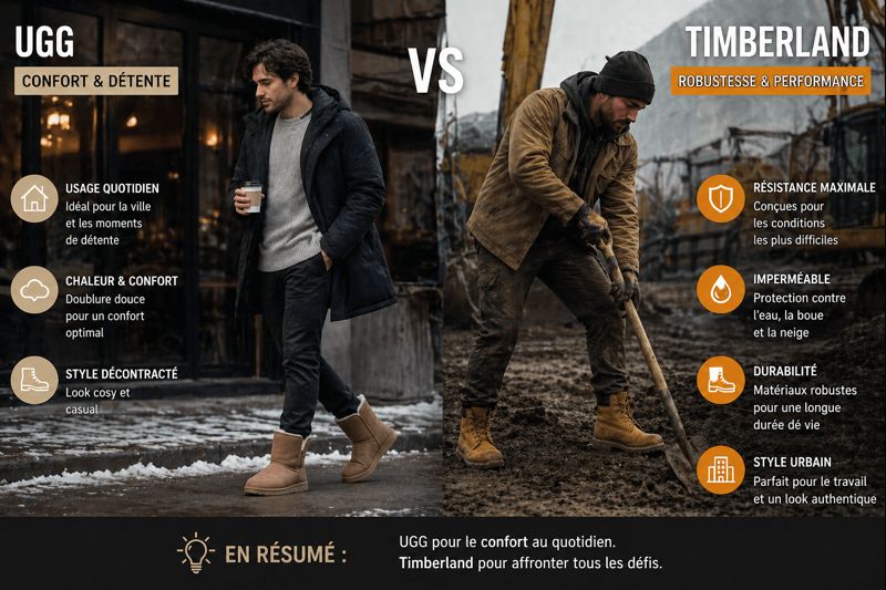 Comparaison entre bottes UGG et Timberland portées par deux hommes en situation de travail extérieur dans des environnements différents