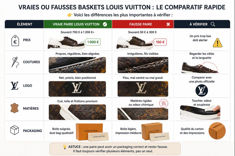 comparatif vraie fausse basket louis vuitton prix couture logo qualité