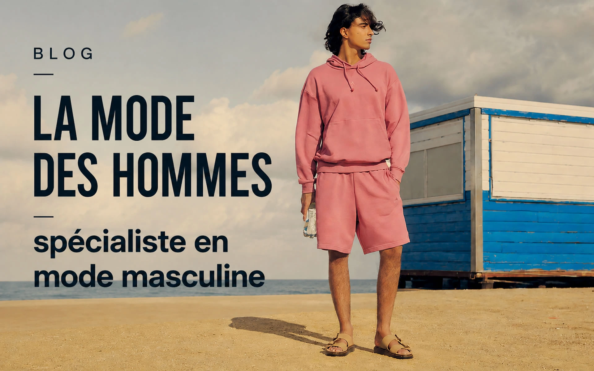 Blog La Mode Des Hommes : homme en tenue décontractée sur une plage, illustration du spécialiste de la mode masculine.