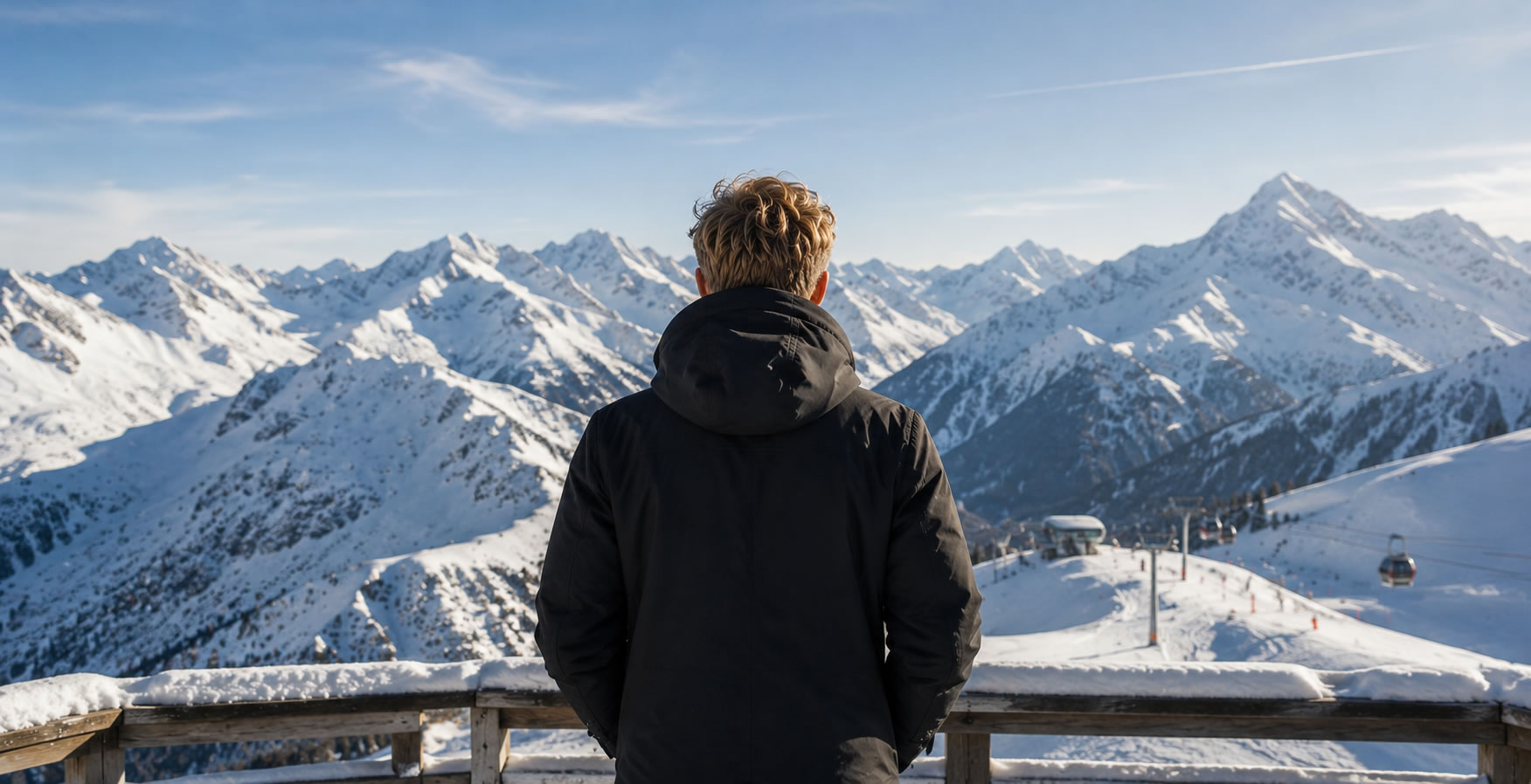 Charly H : entre élégance masculine et passion de la montagne Silhouette masculine de dos face aux Alpes enneigées dans une station de ski.