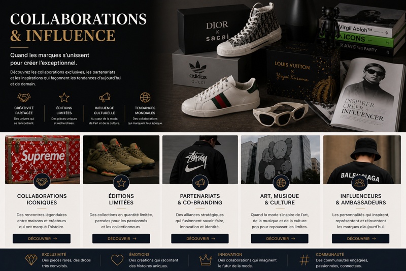 Collaborations mode homme entre marques de luxe et streetwear, sneakers et influenceurs