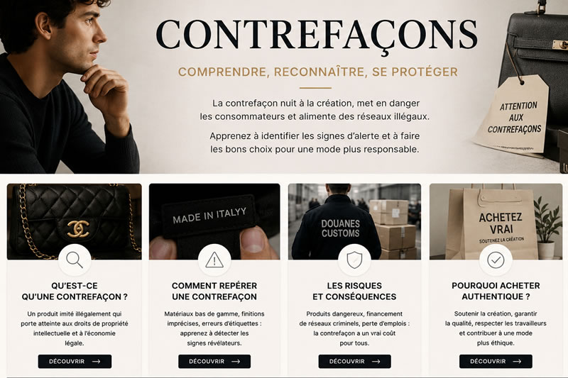 Visuel éditorial sur les contrefaçons dans la mode masculine avec sacs, sneakers, accessoires de luxe et conseils pour reconnaître les faux produits.