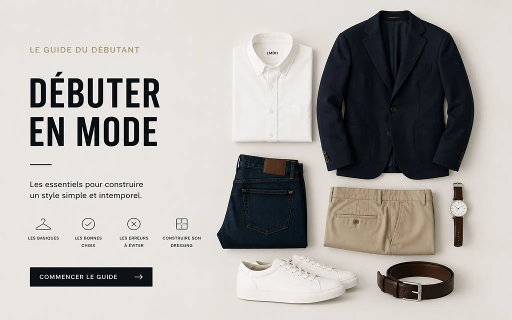 Guide débutant mode homme présentant les vêtements essentiels d’un dressing masculin : blazer marine, chemise blanche, jean brut, chino beige, sneakers blanches, ceinture et montre