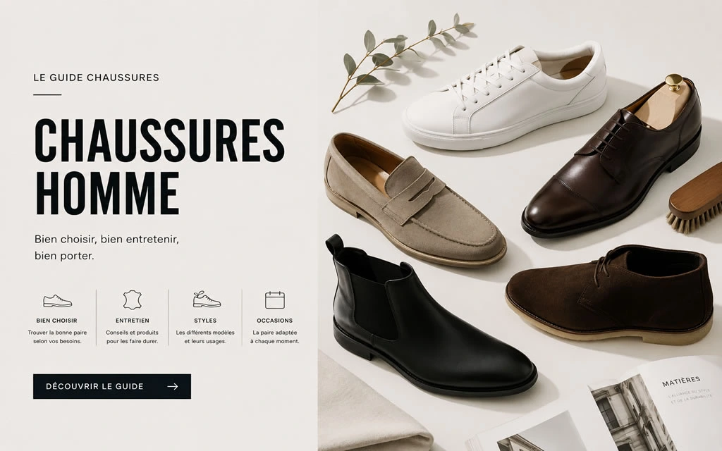 Différents modèles de chaussures homme élégantes : sneakers blanches, richelieu, mocassins, bottines et desert boots présentés dans un guide de style masculin.