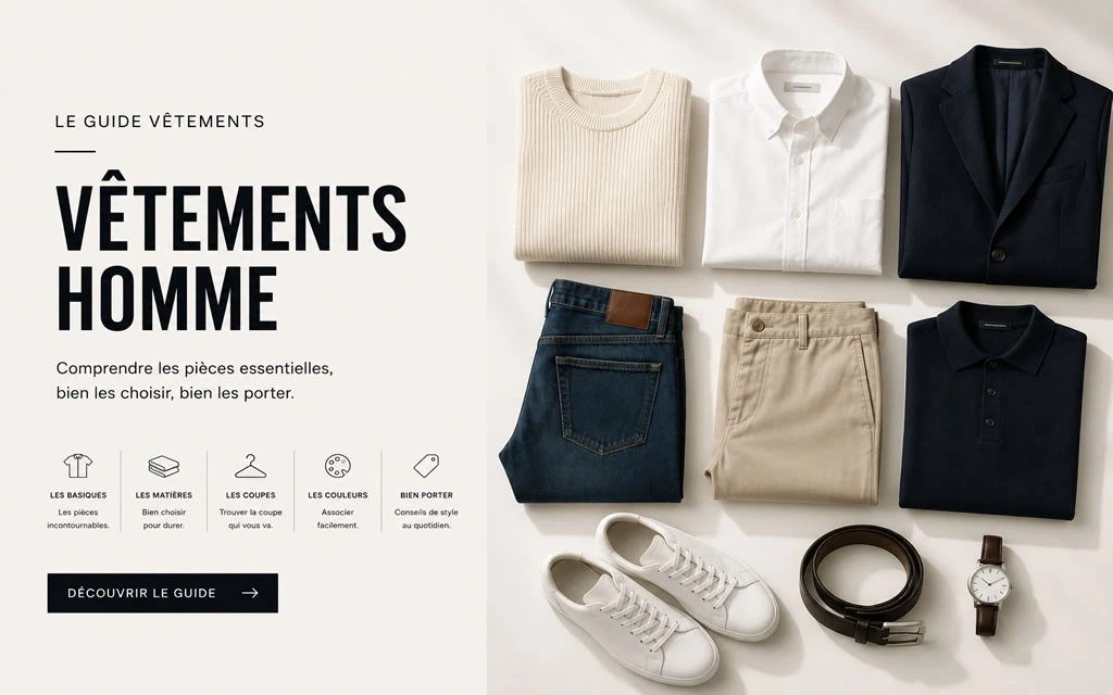 Vêtements homme essentiels : jean, chemise, blazer, polo et baskets présentés dans un guide de style masculin.