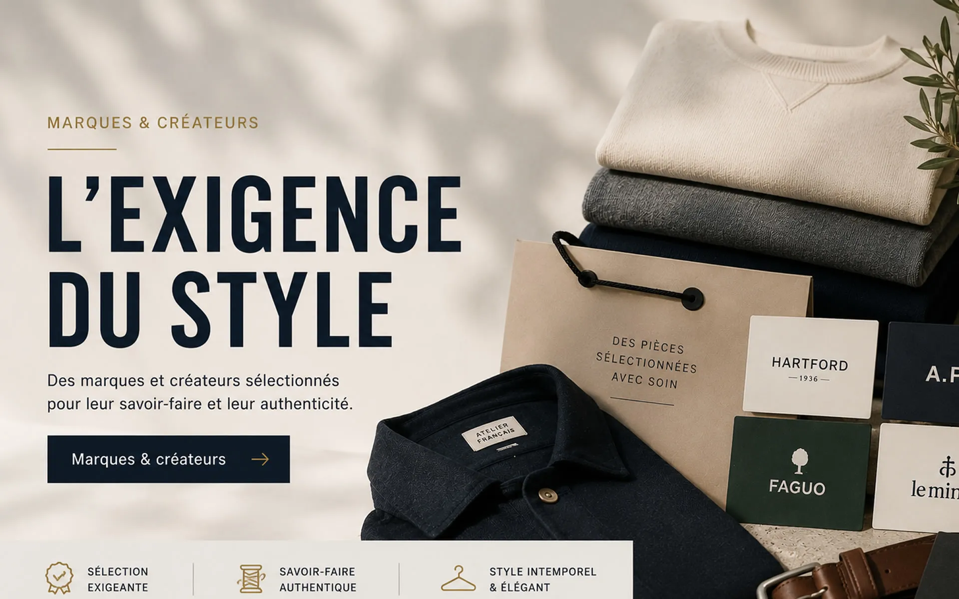 Marques et créateurs mode homme premium Sélection de vêtements et accessoires de marques homme premium dans une ambiance minimaliste et élégante.