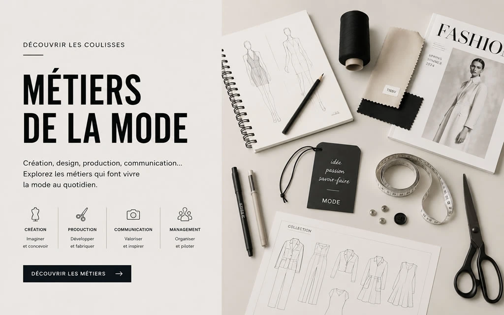Bureau de création de mode avec croquis, tissus, mètre ruban et outils de stylisme représentant les différents métiers de la mode.