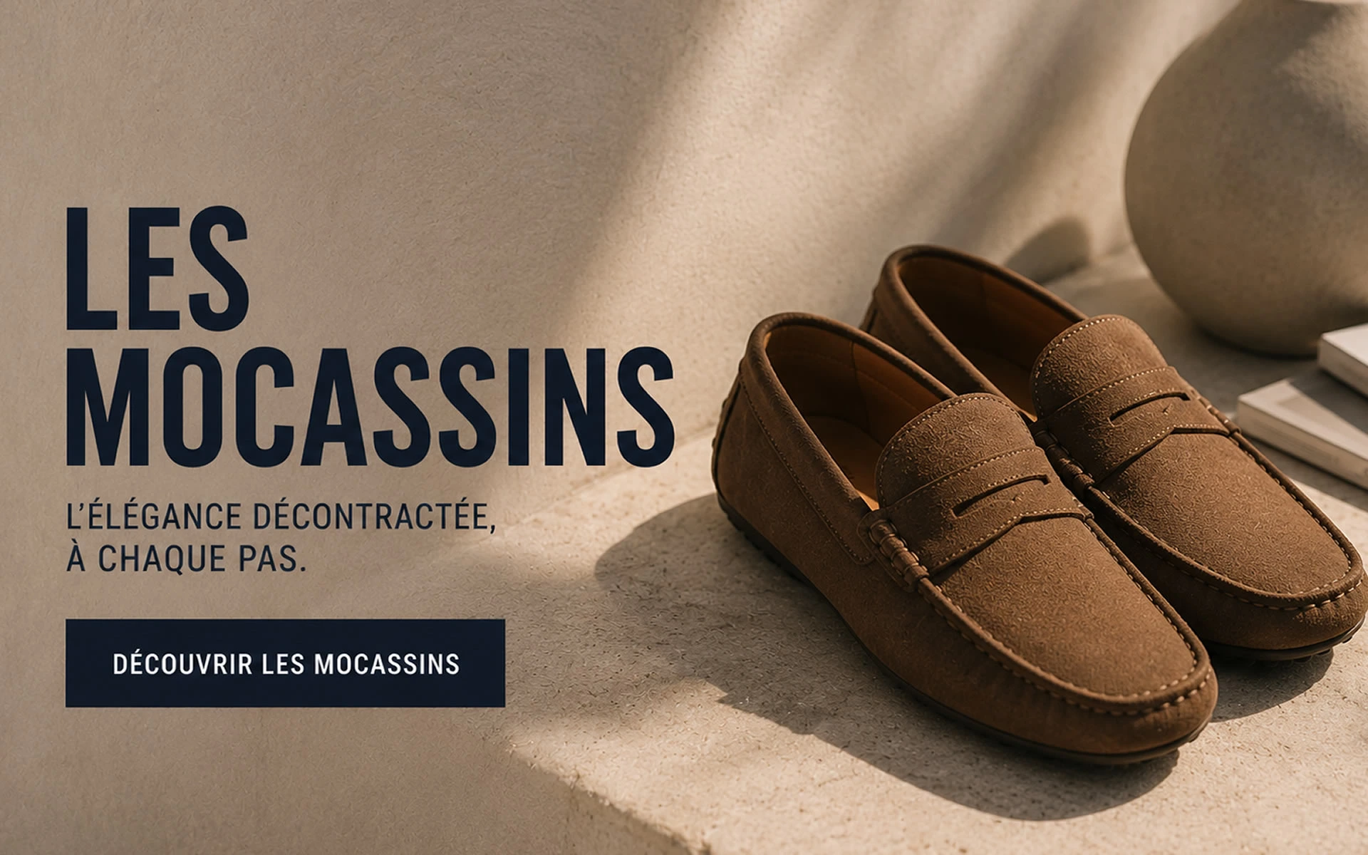 Mocassins homme élégants en daim marron Paire de mocassins homme marron en daim posée sur une surface en pierre dans un décor minimaliste et élégant.