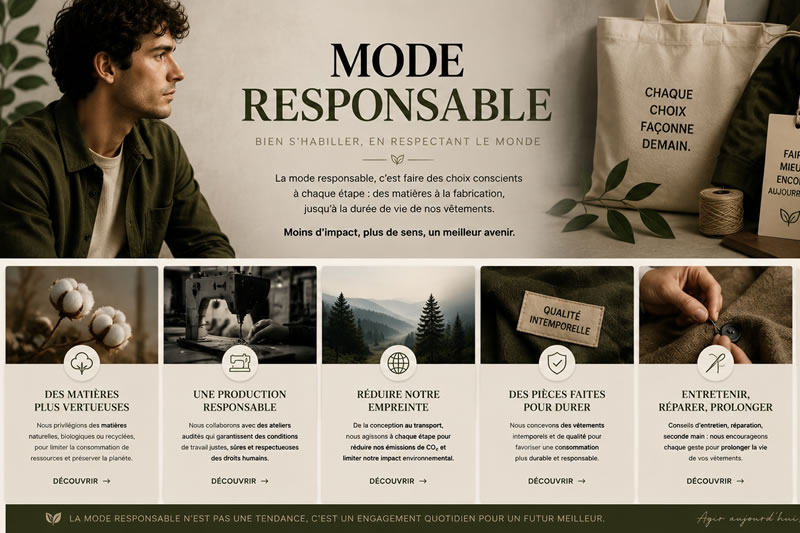 a mode responsable masculine avec vêtements durables, matières écologiques et production éthique