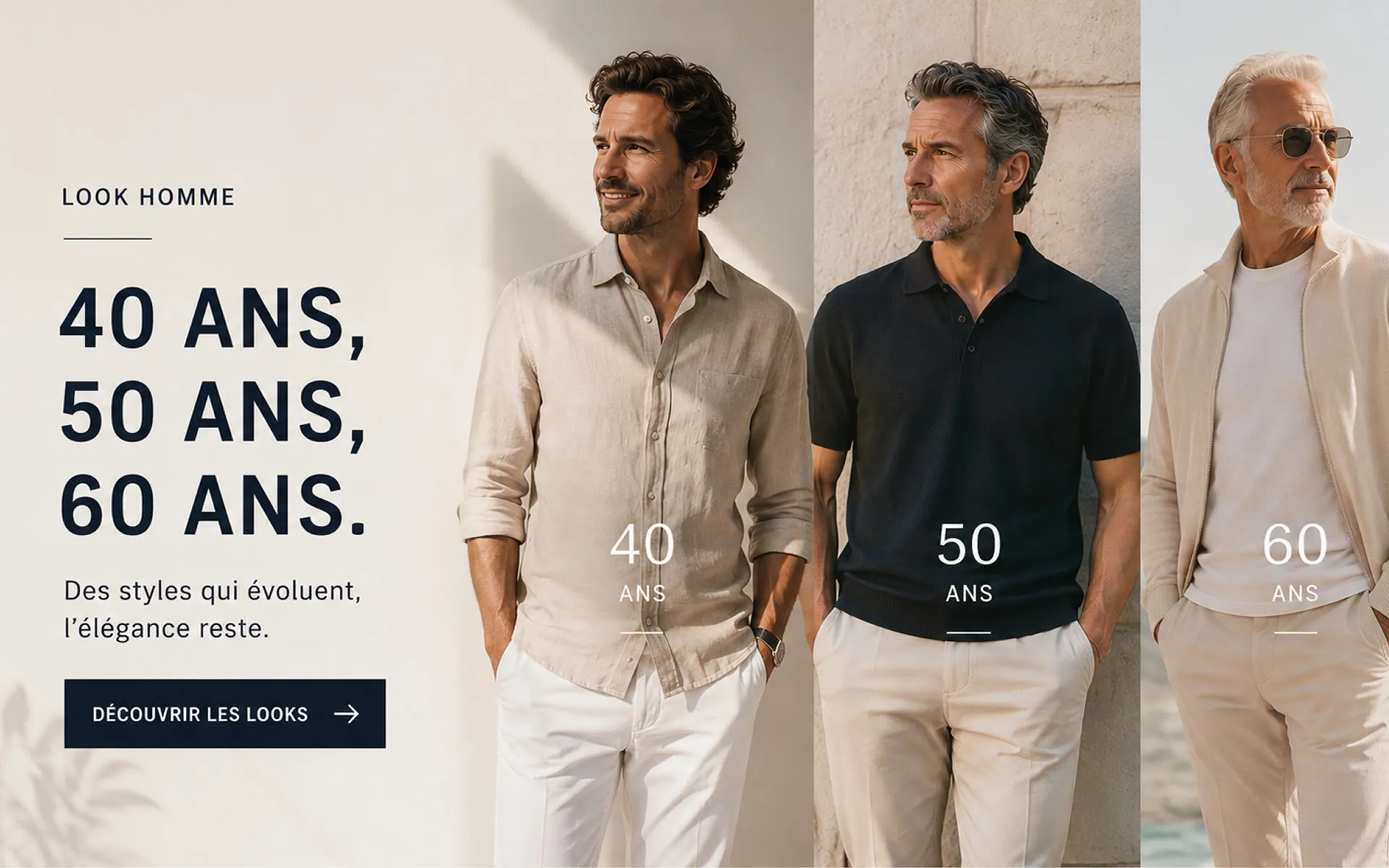 Look homme 40 ans 50 ans 60 ans élégant Trois hommes élégants de 40, 50 et 60 ans portant des tenues modernes et raffinées dans un visuel minimaliste de mode masculine.