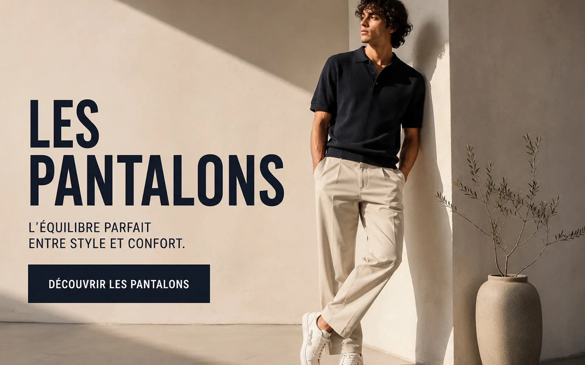 Pantalons homme élégants et confortables Homme portant un pantalon beige élégant dans un décor minimaliste lumineux avec une ambiance moderne et raffinée.