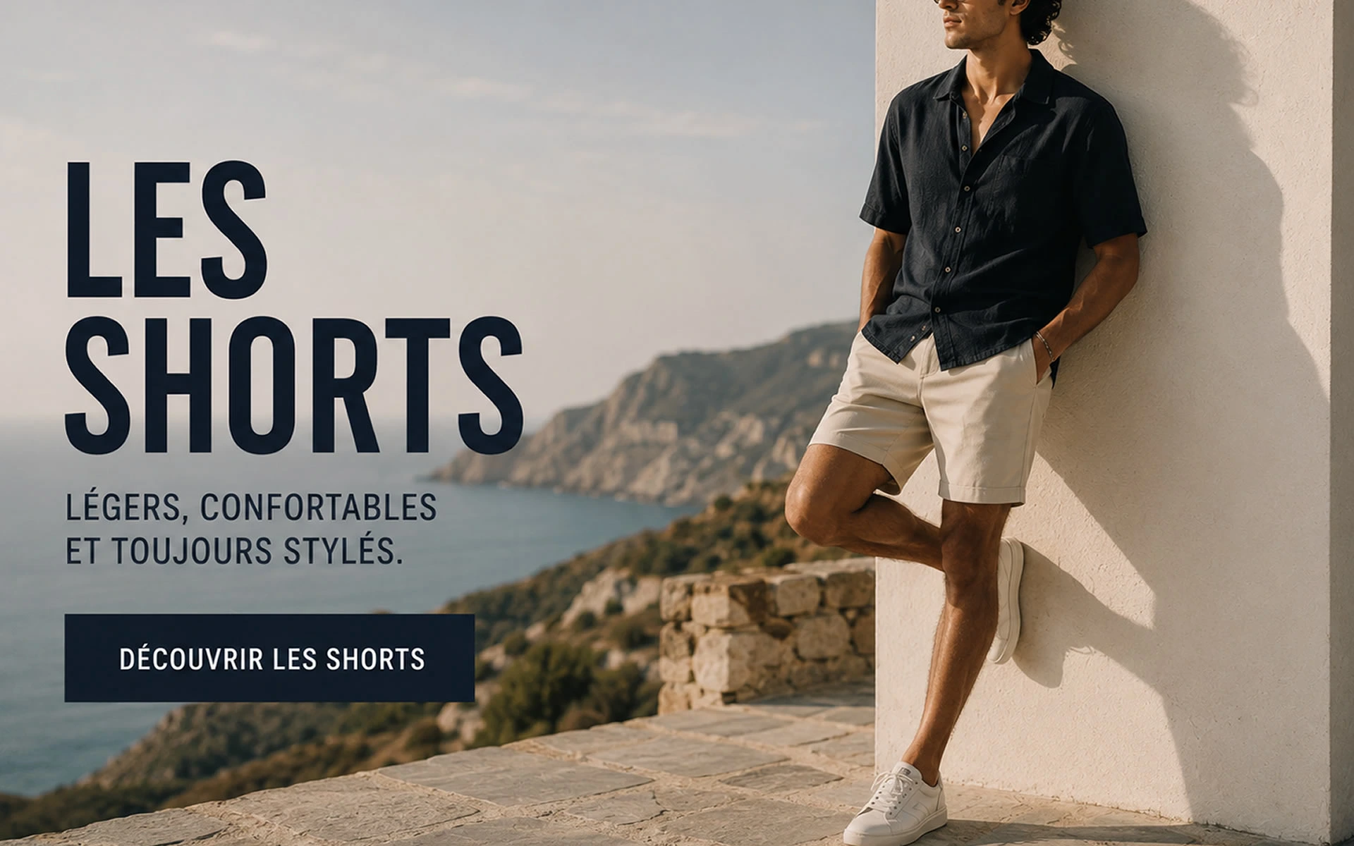 Shorts homme élégants pour l’été Homme portant un short beige et une chemise sombre devant un paysage côtier ensoleillé dans une ambiance estivale chic.